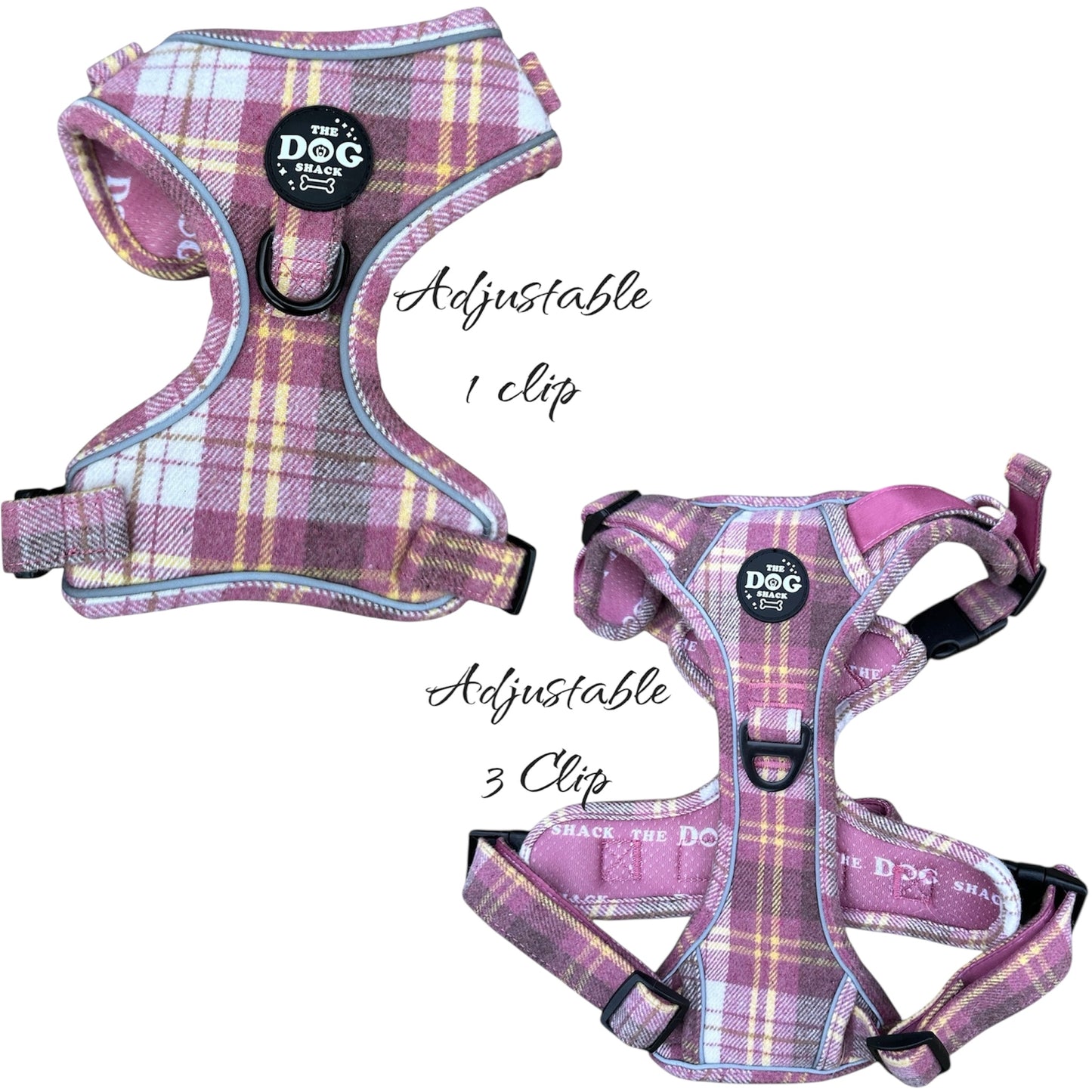 Adjustable 1 Clip & 3 Clip harness - Raspberry Tweed