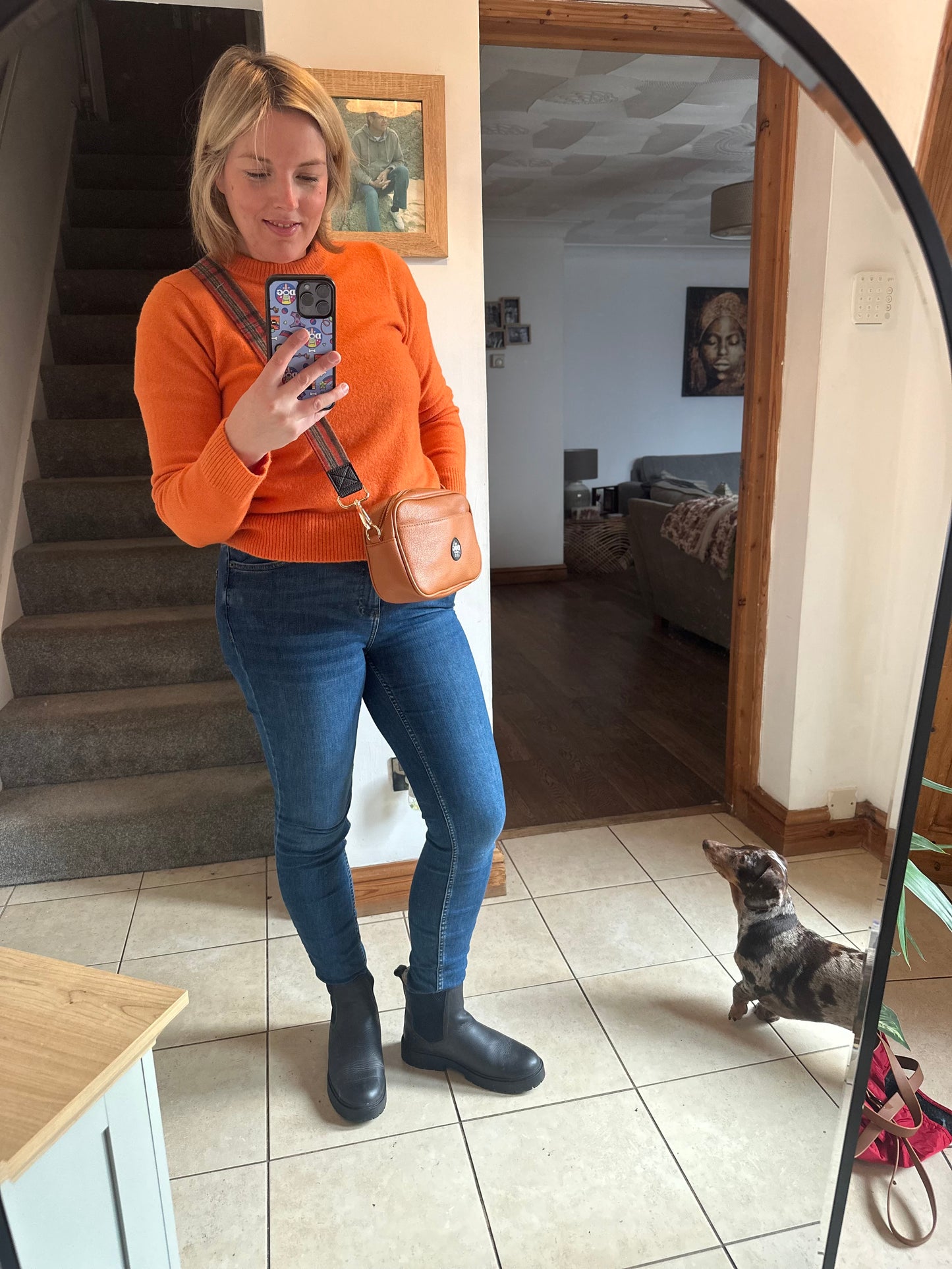 Vegan Leather Hand Bag - Orange with Orange Tweed