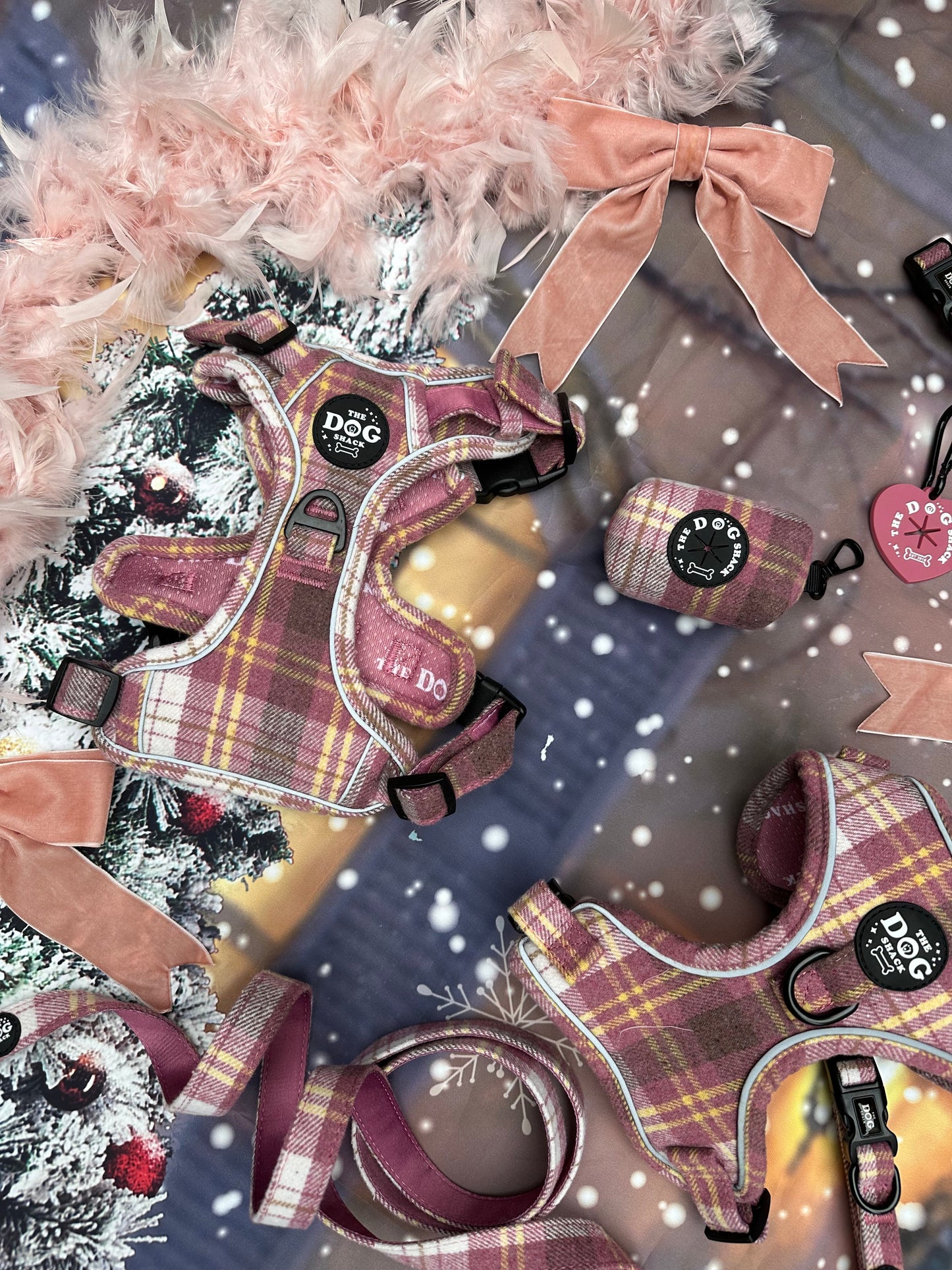 Adjustable 1 Clip & 3 Clip harness - Raspberry Tweed