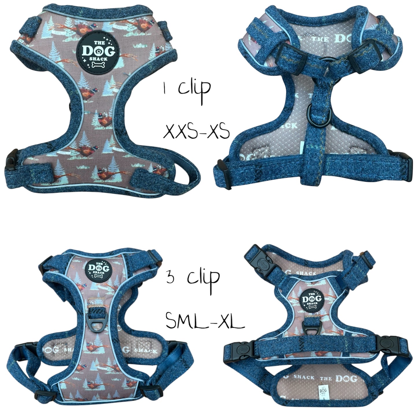 Adjustable 1 Clip & 3 clip harness - Blue Tweed X Pheasant