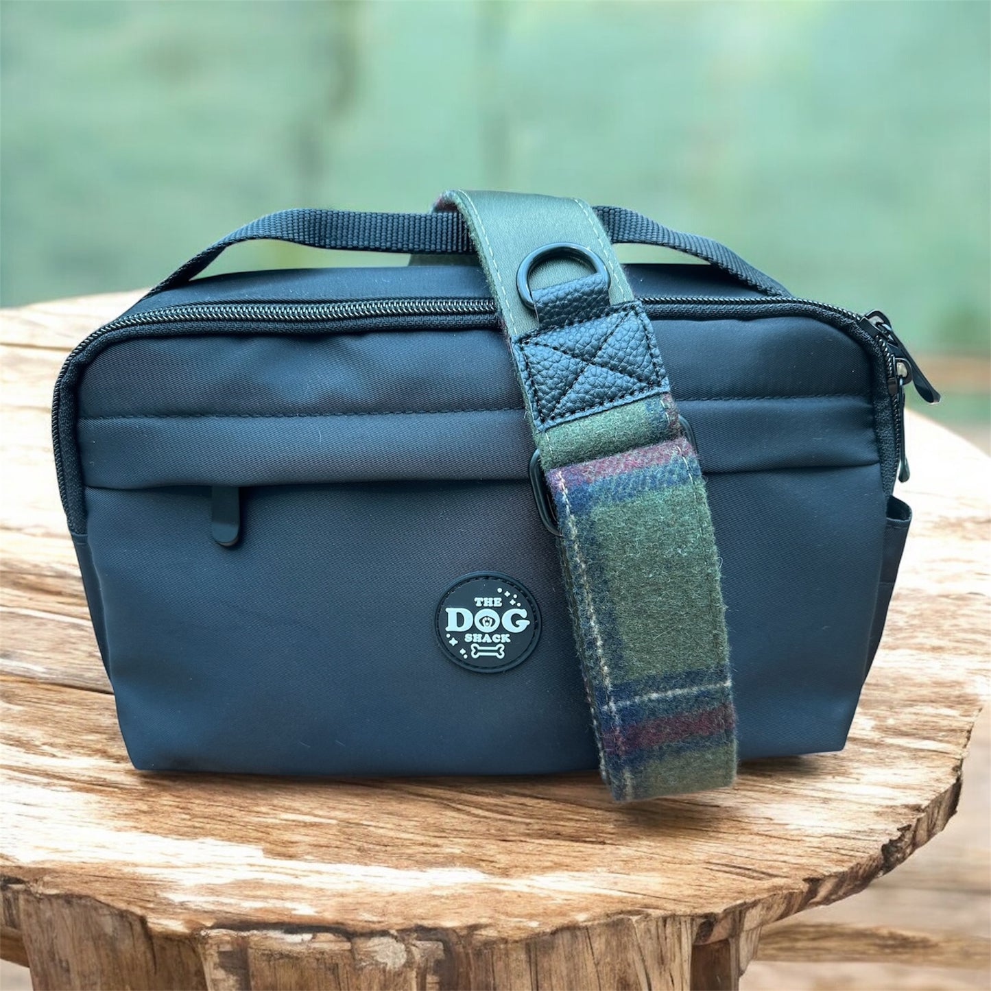 Dog Walking Bag 2 In 1 Bumbag & Handbag - Black with Green Tweed Strap