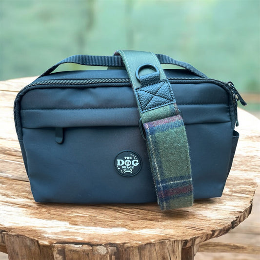 Dog Walking Bag 2 In 1 Bumbag & Handbag - Black with Green Tweed Strap