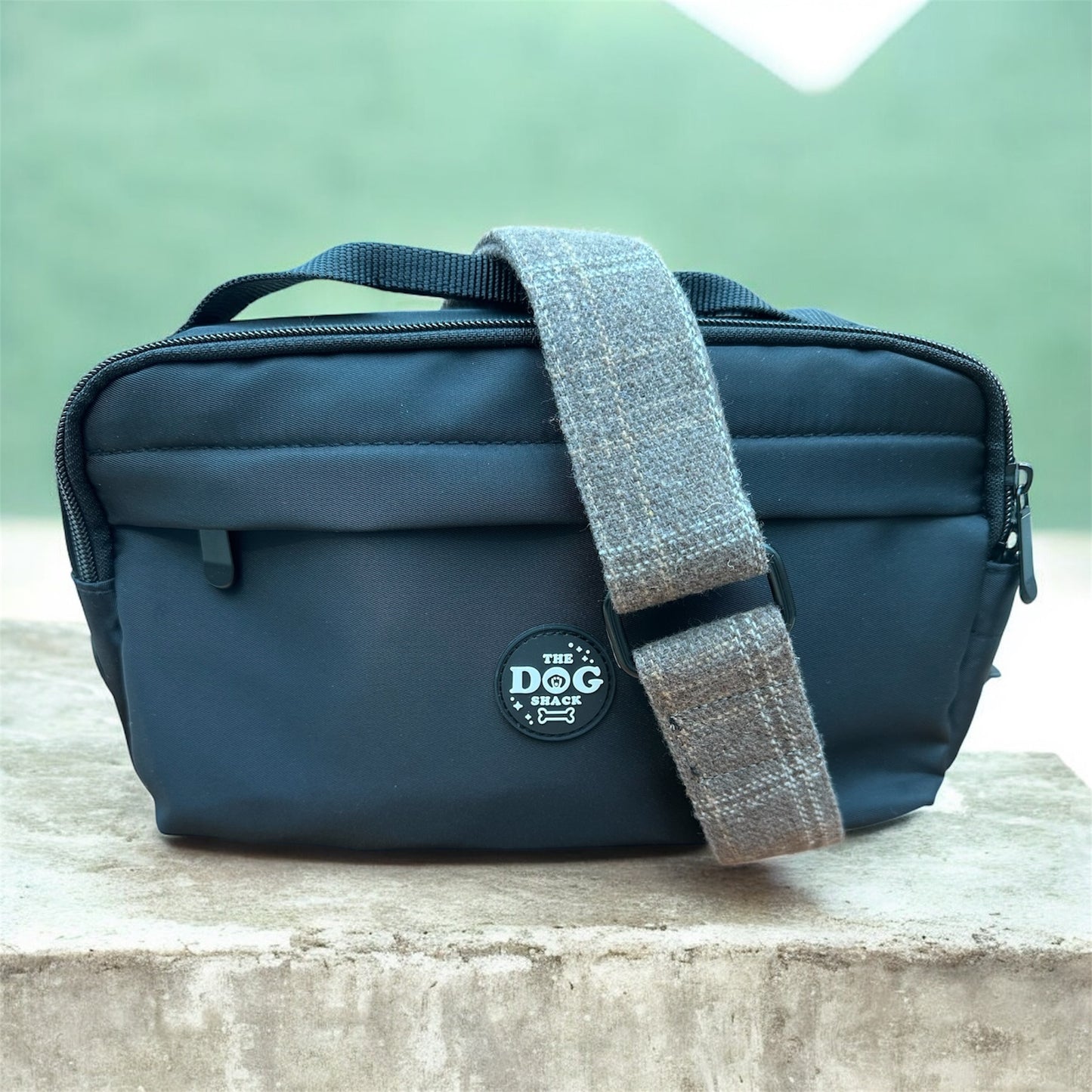 Dog Walking Bag 2 In 1 Bumbag & Handbag - Black with Brown Tweed Strap
