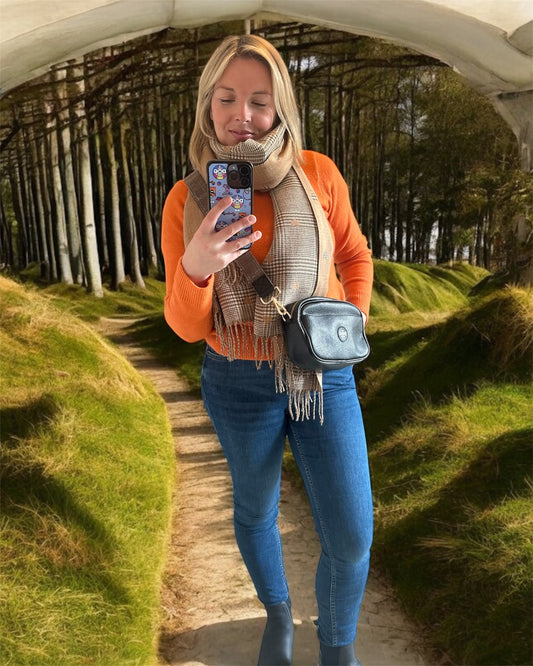 Vegan Leather Hand Bag - Black  with Brown  Tweed