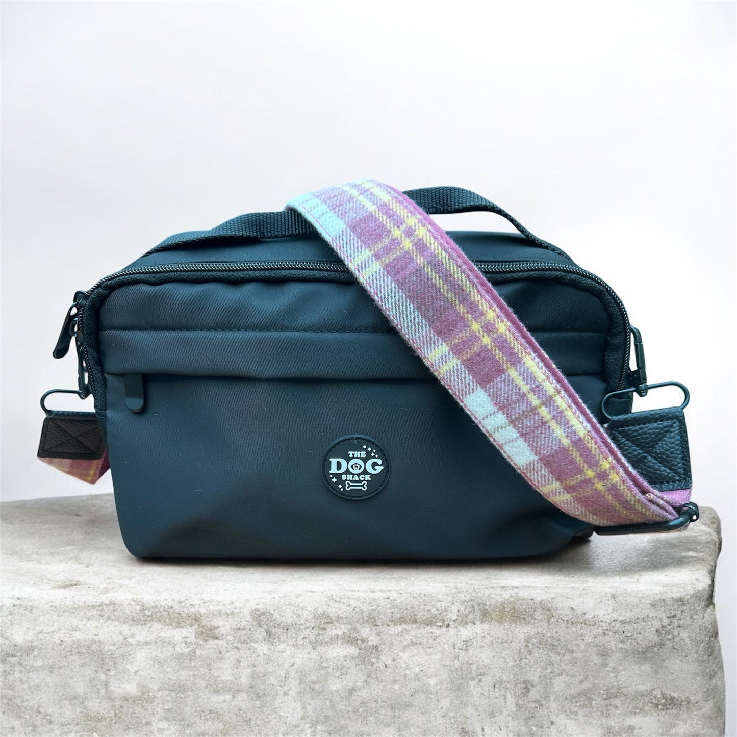 Dog Walking Bag 2 In 1 Bumbag & Handbag - Black with Pink  Tweed Strap