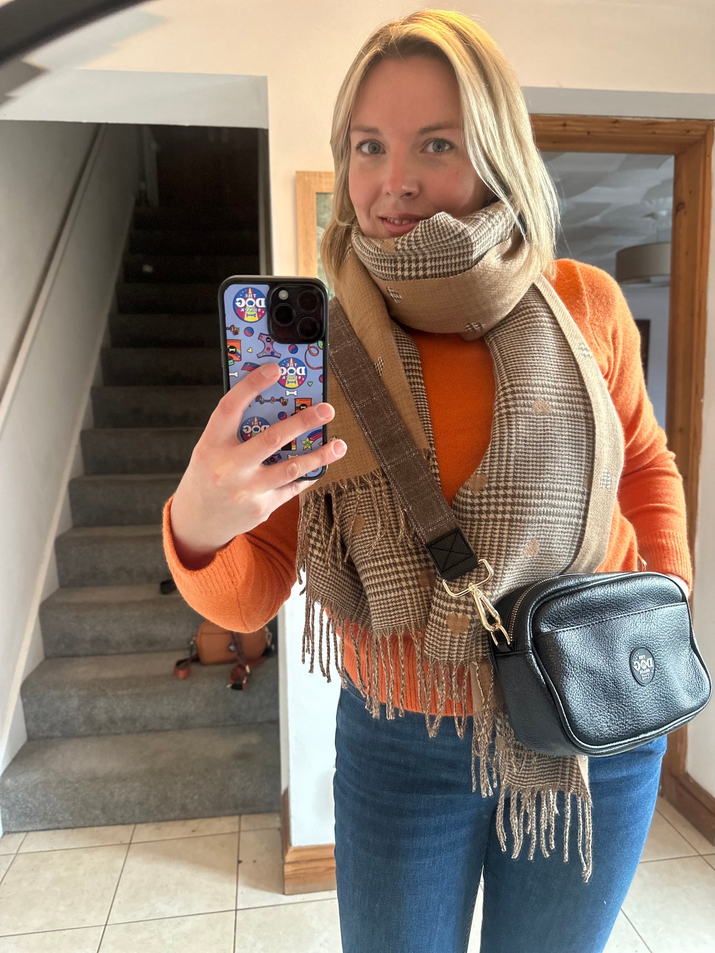 Vegan Leather Hand Bag - Black  with Brown  Tweed