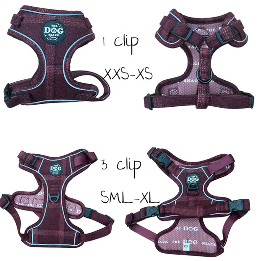Adjustable 1 Clip & 3 clip harness - Red Tweed