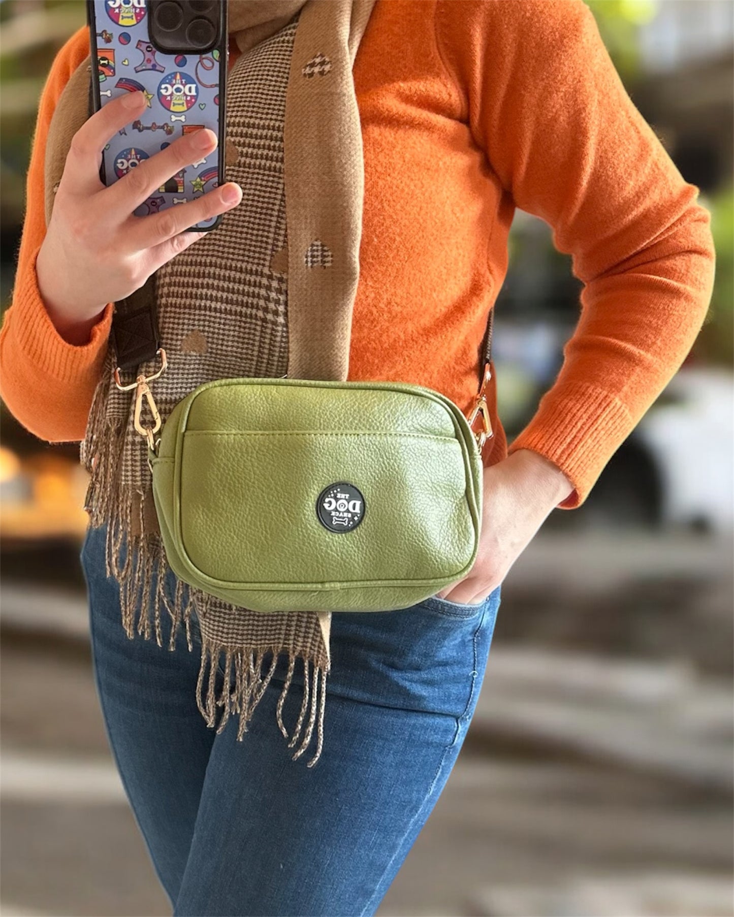 Vegan Leather Hand Bag - Green  with Green Tweed