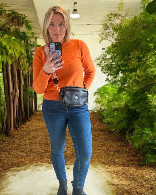 Vegan Leather Hand Bag - black  with pink  Tweed